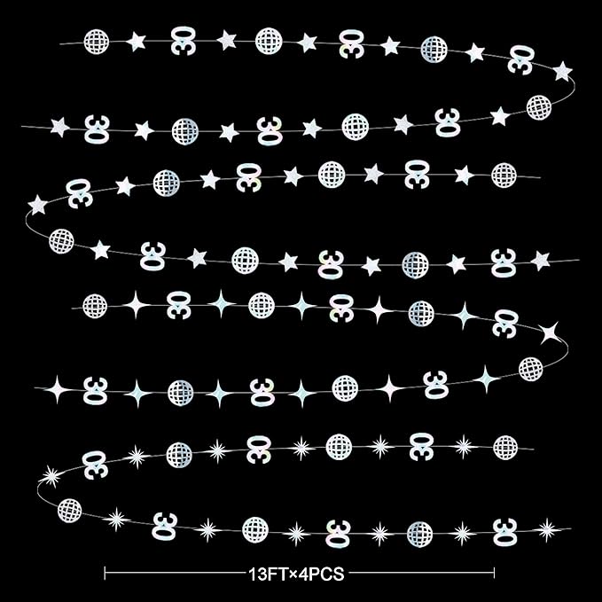 52Ft Iridescnt 30th Disco Birthday Decorations Laser Silver Number 30 Disco Ball Twinkle Star Garland Metallic Streamer Banner Backdrop for Mens Womens Happy Dirty Thirty Cheers to 30 Years Old Party