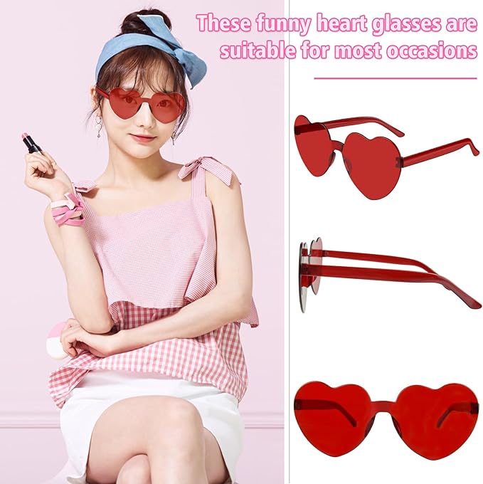 NACHLYNN 24 Pairs Red Heart Sunglasses for Women Rimless Heart Shaped Sunglasses Candy Color Glasses for Party Favors