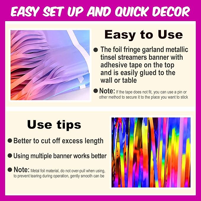 4 Pack 10 Ft Rainbow Foil Fringe Garland Metallic Streamers Tinsel Banner Wall Hanging Garland Backdrop for Parade Floats, Halloween, Christmas, Thanksgiving, New Year Party Decorations