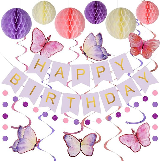 meowtastic Birthday Decorations, Happy Birthday Banner with Honeycomb Balls, Butterfly Hanging Swirl Streamers, Circle Dots Garland, Happy Birthday Party Decorations for Women Men Boys Girls (Purple)
