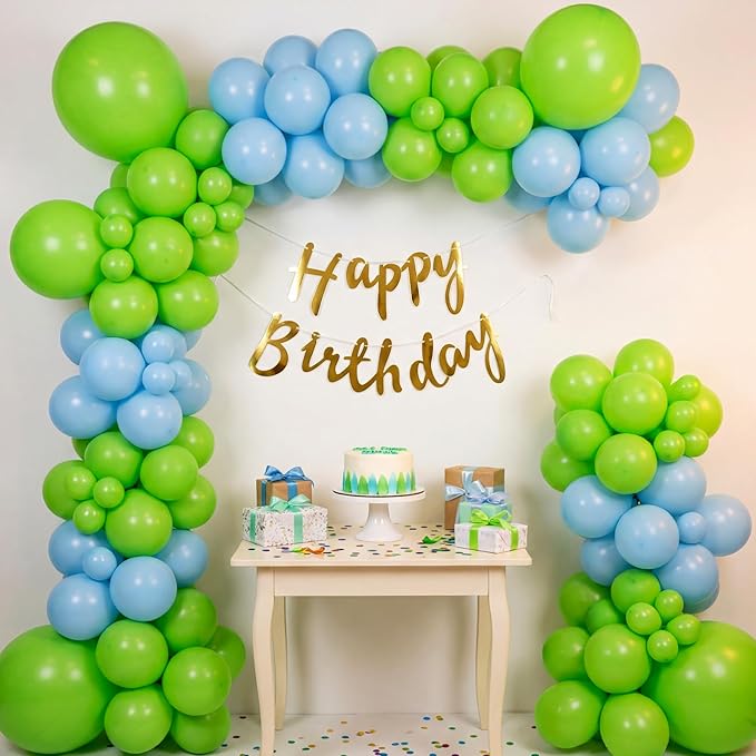 RUBFAC 135pcs Lime Green Balloons, Latex Light Fruit Neon Green Balloon Different Sizes 18 12 10 5 Inch for Garland Arch Birthday Baby Shower Dinosaur Jungle Safari Party Decoration