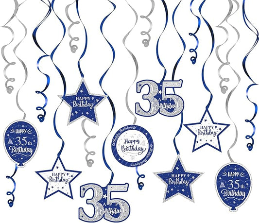 Happy 35th Birthday Blue & Silver Glitter Swirls Streamers Party Decorations - 15 Pcs 35th Birthday Hanging Swirls Streamers Kit,Perfect for 35th Bday Party Sign.