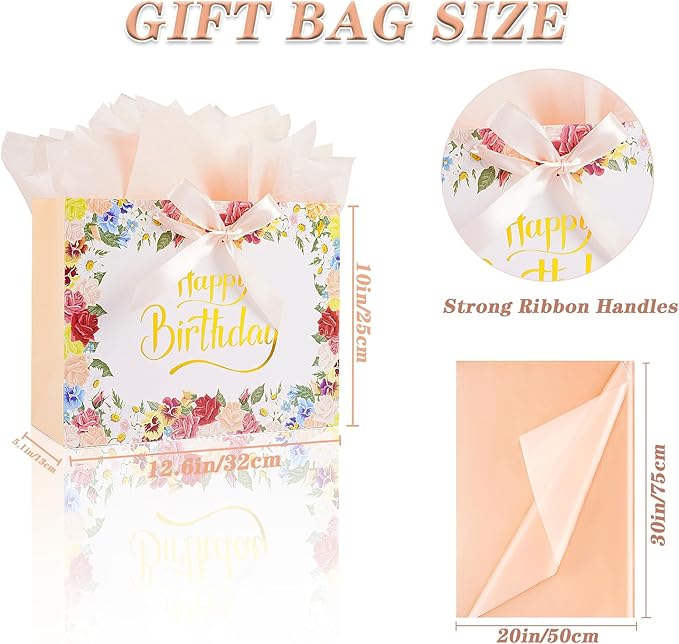 Jaywayang Large Happy Birthday Gift Bag with Card Envelope and Tissue Paper for Women Girls - 12.6"x10"x5.1" Floral Design with Ribbon Handles.