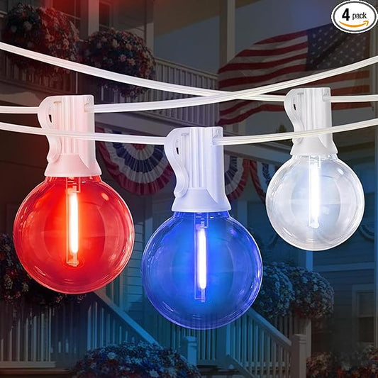 LAMPHOME 4-Pack 26Ft Outdoor Red White Blue String Lights, Patriotic Patio Light with 12+1 Edison Bulbs, LED Shatterproof String Lights for Outside Bistro Christmas Patio Party Decorations