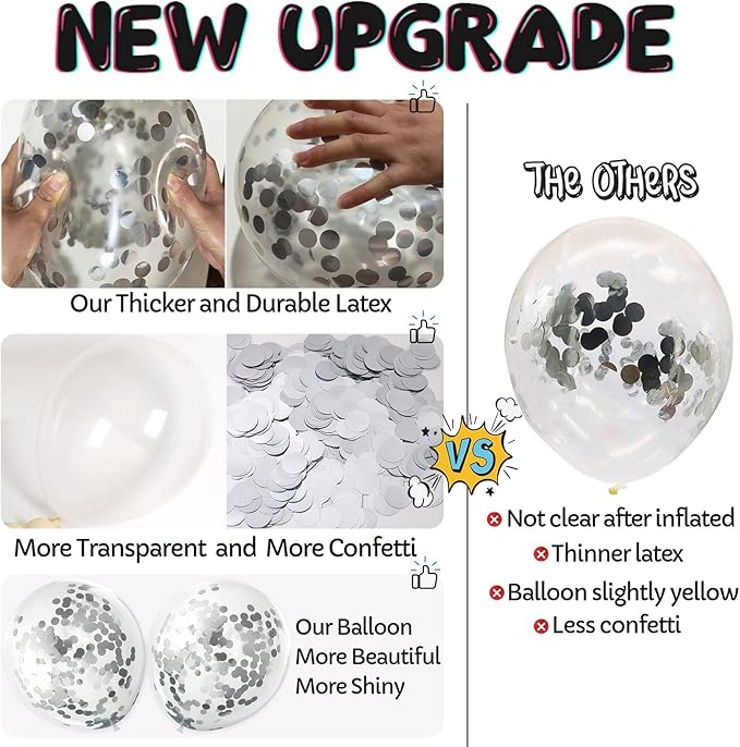 Silver Confetti Balloons, 25 Pcs Thickened 12 Inch Clear Latex Balloon with Confetti Inside for Graduation Decorations Engagement Bridal Shower Party Baby Shower Birthday Party Decoration Supplies