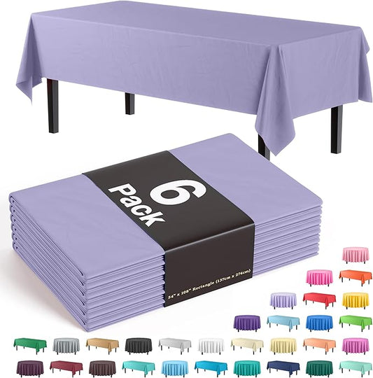 Party Solids Pack Of 6 Premium Plastic Tablecloth 54 Inch x 108 Inch Rectangle Plastic Table Cover - Lavender