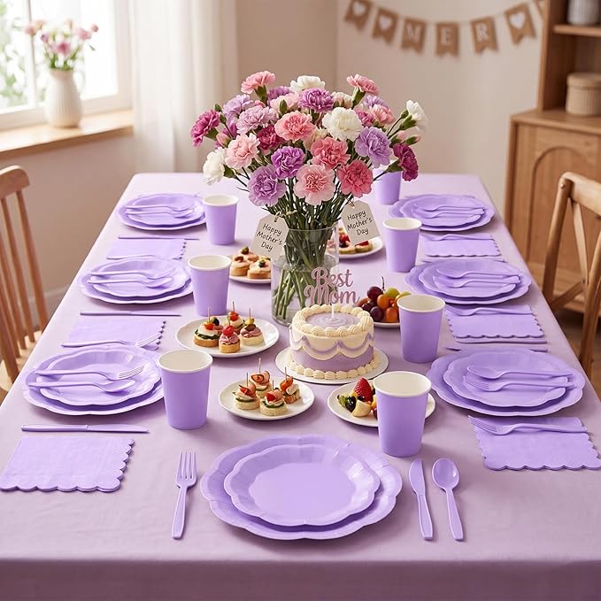 NatNarr 350 Pcs Light Purple Party Supplies Include Scalloped 9" Lavender Plates 7" Cake Plate Napkins Cups Forks Knives Serve 50 Guest Party Tableware for Wedding Baby Shower Birthday Party