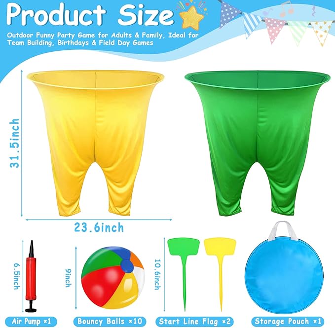 Granny Pants Yard Game, Granny Pants Outdoor Party Game with 2 Pants 10 Bouncy Balls, 2 Ground Stakes and 1 Storage Bag for Team Relay, Family Birthday Party Gift, School Carnival Activities