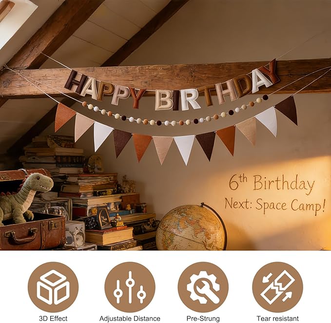 Pre-Strung Happy Birthday Banner, Reusable Felt Birthday Party Decorations, 3D Effect Happy Birthday Sign with Felt Ball Garland, Pennant Flag, Hanging Paper Fans for Men Women Boy Girls (Brown)