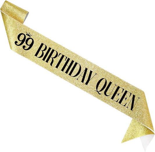 99 Birthday Queen 99th Birthday Sash for Women, Gold Glitter Sash with Black Foil