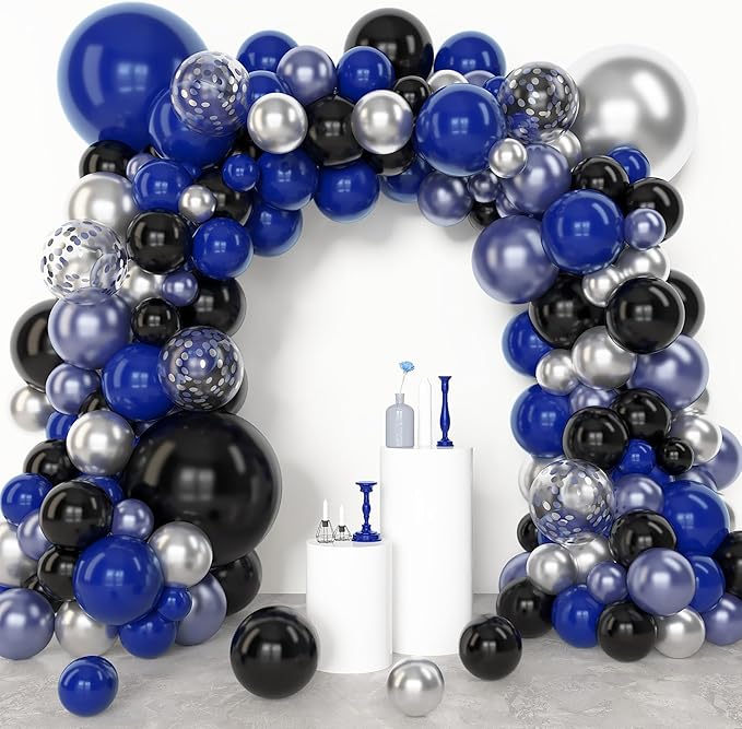 Amandir 153pcs Blue and Black Balloons Arch Garland Kit Different Sizes 18 12 10 5inch Metallic Silver Royal Dark Navy Blue Latex Confetti Graduation Balloon Birthday Space Retirement Party Supplies