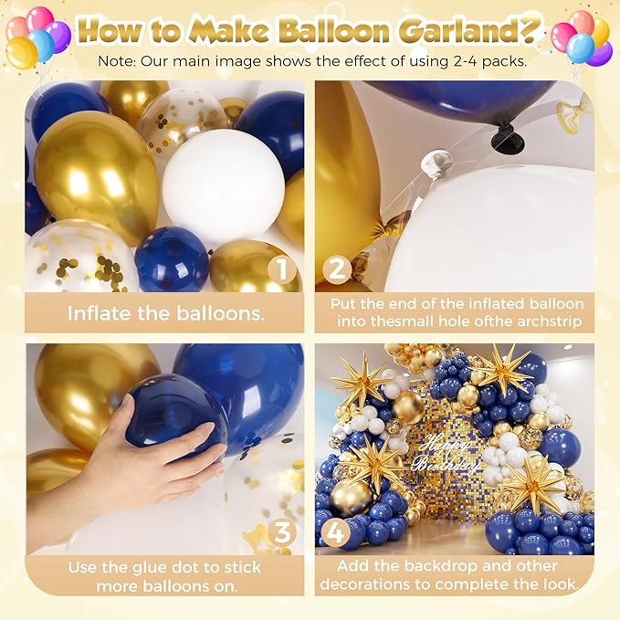 Navy Blue and Gold Balloon Garland Arch Kit 153pcs with Star, 22 18 12 10 5in Different Size Navy Blue Gold White Confetti Latex Balloons for Graduation Baby Shower Birthday Party Decorations