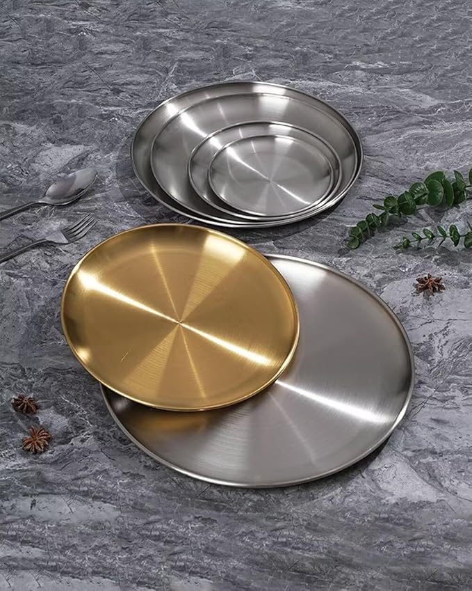 14.2in Round Silver Serving Tray, Stainless Steel Decorative Metal Tray for Coffee Table, Vanity, Perfume, Jewelry, and Entryway Catchall Organizer