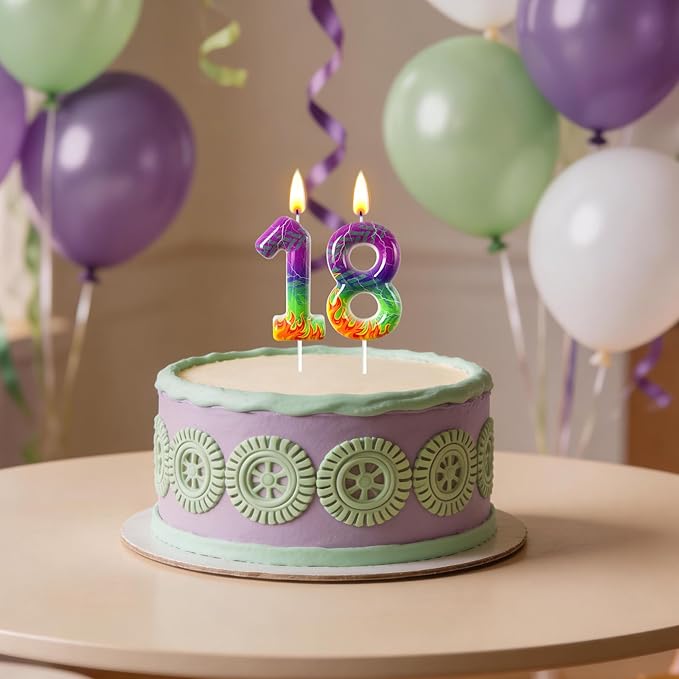 Number 8 Birthday Candle for Cake – Purple Green Flame Design with Lightning & Tire Track Pattern – Off-Road Truck Theme Cake Topper for Birthday Party Decoration