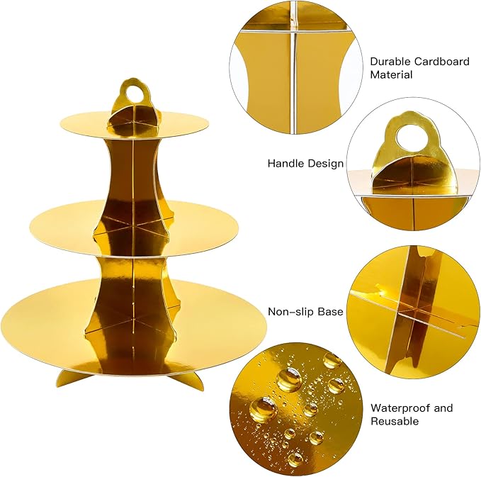 Soleebee 3-Tier Round Cupcake Stand, Cardboard Cupcake Tower, Dessert Cup Cake Stand Tower for Birthday Wedding Party Decoration, Cupcake Tier Stand 1 Set (Gold)