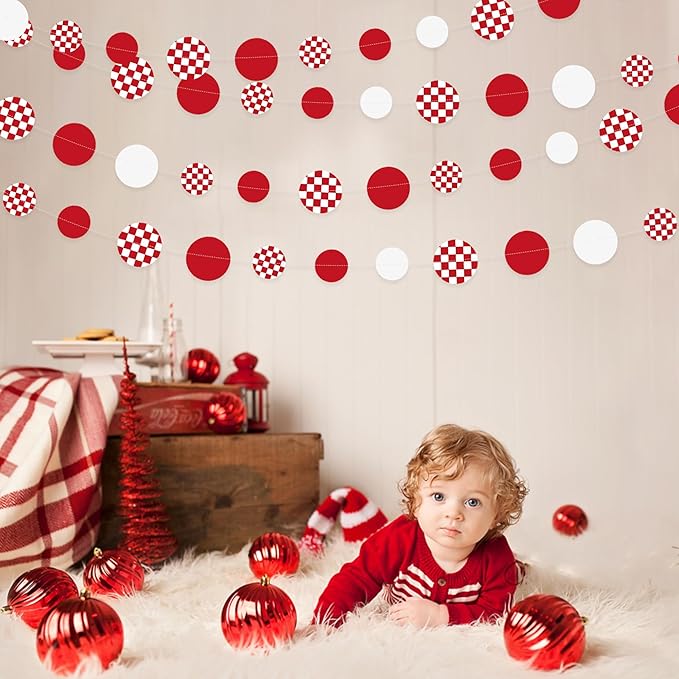Red Party Decorations White Red Checkered Circle Dots Streamer Hanging Paper Polka Dot Garland for Birthday Baby Shower Wedding Bachelorette Christmas Carnival Circus Picnic Party Decorations Supplies
