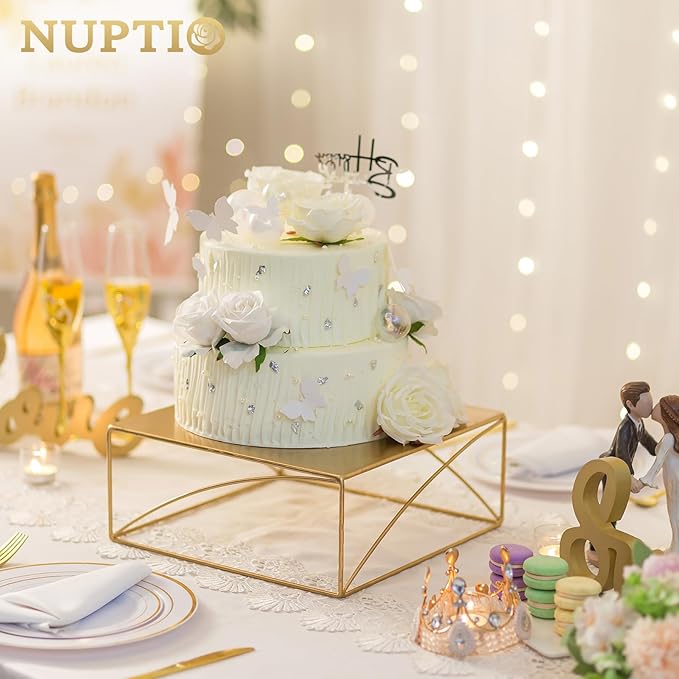 NUPTIO Cupcake Stand Dessert Display: 12 Inch Cake Holder Metal Food Pedestal Stands Gold Food Risers for Wedding Party Christmas Birthday Event Graduation Table Decor Square Buffet Fruit Plant Stand