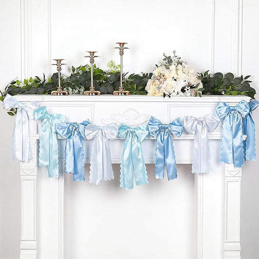 VitalCozy Blue Bow Garland Decor for Coquette Party Decorations, Pre-Strung Blue Satin Ribbon Birthday Party Garland Bow Banner for Bridal Shower Bachelorette Wedding Birthday Engagement Supplies