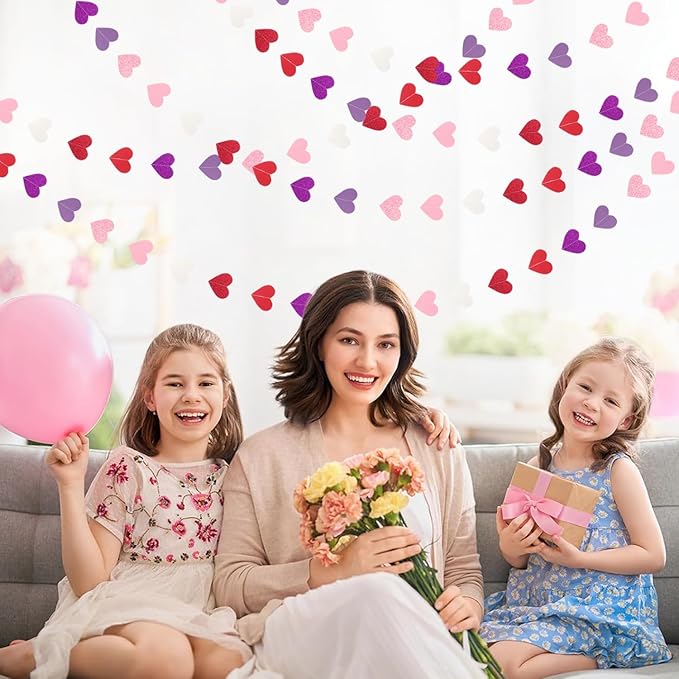 Hot-Pink Purple-Red Valentines Party-Decorations Heart-Garland - 62ft Women Girl Streamers Banner,Mothers Day Birthday Bachelorette Engagement Bridal Baby Shower Backdrop Decor Supplies Burgleda