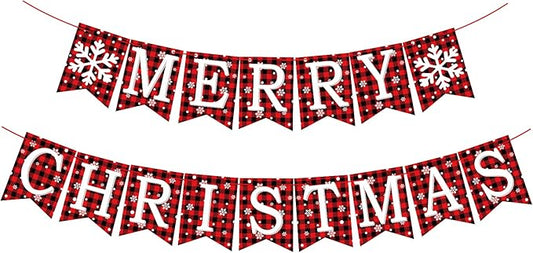 Merry Christmas Banner, Pre-Strung Buffalo Plaid Xmas Decorations, Merry Christmas Sign Indoor with Snowflake, Mantle Xmas Decor for Winter New Year Fireplace Hanging Sign