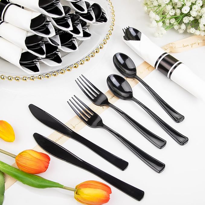 Supernal 60 Pack Hevy Duty Rolled Black Plastic Silverware,Pre Wrapped Cutlery with Napkins, Rolled Plastic Forks and Spoons, Black Disposable Silverware Suit for Party, Birthday