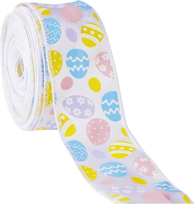 Meseey 4 Rolls Easter Wired Ribbon, 2.5 Inch x 5 Yards Pastel Easter Egg, Bunny, Chevron & Plaid Wired Edge Ribbons for Wreaths, Gift Wrapping, Easter Baskets, Crafts, Spring Party Decorations