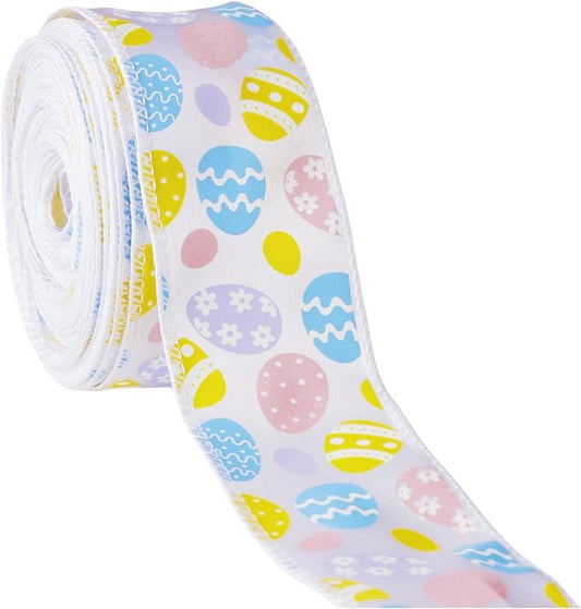 Meseey 1.5 Inch x 10 Yards Pastel Easter Egg Wired Ribbon, Colorful Easter Egg Pattern Wired Edge Ribbon for Easter Wreaths, Gift Wrapping, Easter Baskets, Crafts, Spring Party Decorations