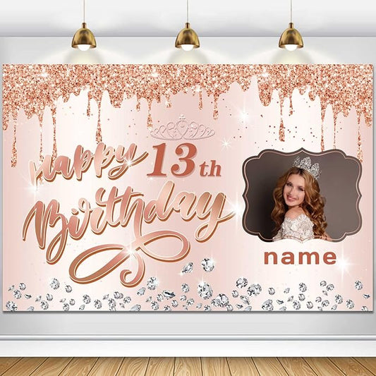 Customizable Rose Gold Happy 13th Birthday Decoration Banner - Personalized with Name and Photo