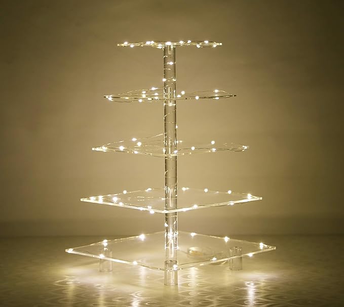 Jusalpha 5 Tier Square Cupcake Stand - Premium Cupcake Holder - Acrylic Cupcake Tower - Ideal for Weddings Birthday Parties, Candy Bar Decor 5SF-S (LED Light Option: Battery)…
