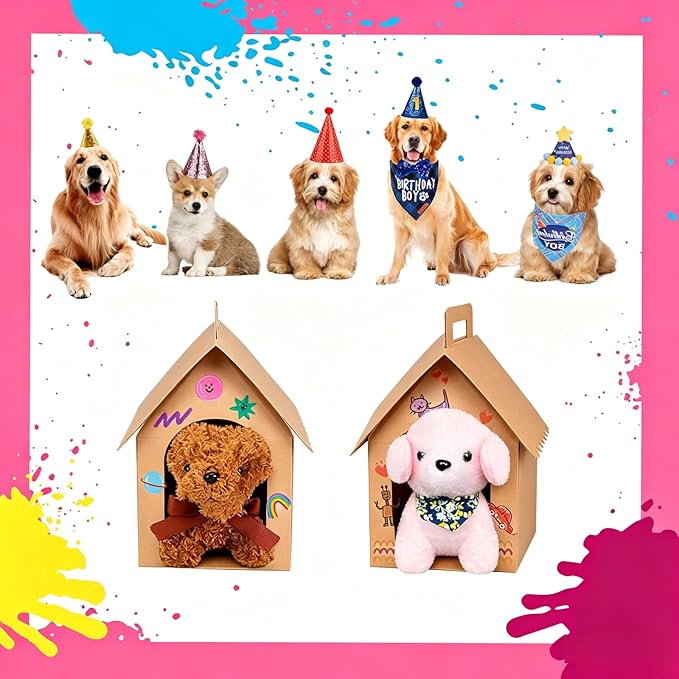 ACUDUDOMA 24 Pcs Dog Party Favors Boxes with Handle, Foldable Dog House Shaped Treat Gift Boxes with Holes for Puppy Pet Adoption, Kid DIY Crafting, Birthday Back to School Party Supplies