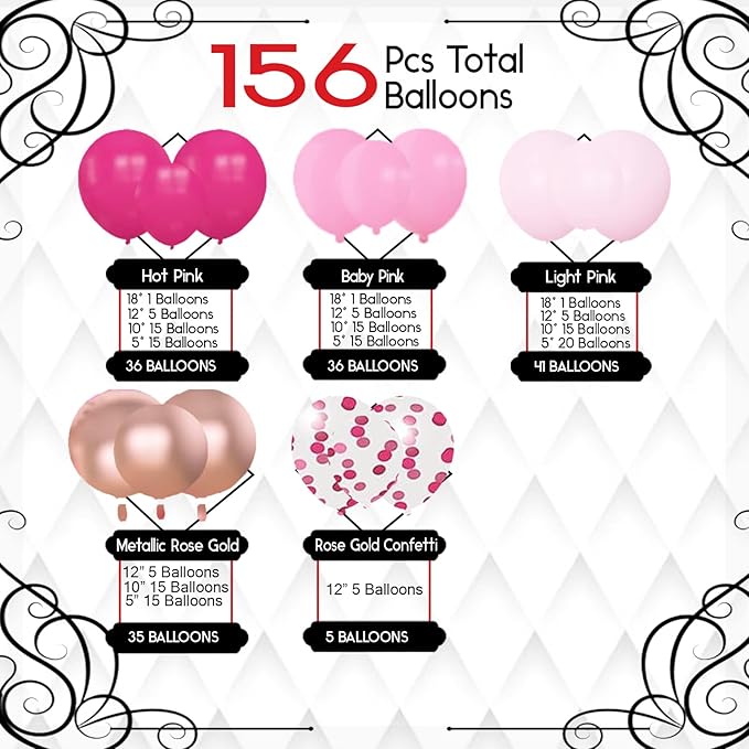 Archloon 156pcs Pink Balloon Garland Arch Kit, Different Sizes 18 12 10 5 inch Hot Pink Latex Metallic Confetti Rose Gold Balloons for Birthday Baby Shower Wedding Party Decorations