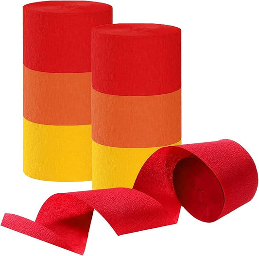 Orange and Yellow and Red Crepe Paper Streamers, Party Streamer Decorations for Various Party Festival Decorations, 6 Rolls