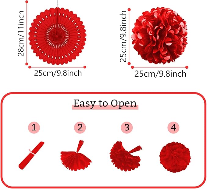 Red Party Decorations, Papar Fans Pompoms Fans Garlands for Birthday Bridal Baby Shower Wedding Graduation New Years Valentine's Day Party Decorations