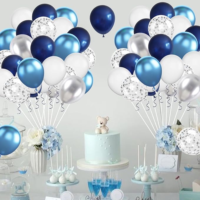 Navy Blue & Silver Balloons - 60pc Metallic & Latex Mix, 12" White Balloons with Silver Confetti for Birthday, Baby Shower, Graduation & Wedding Parties