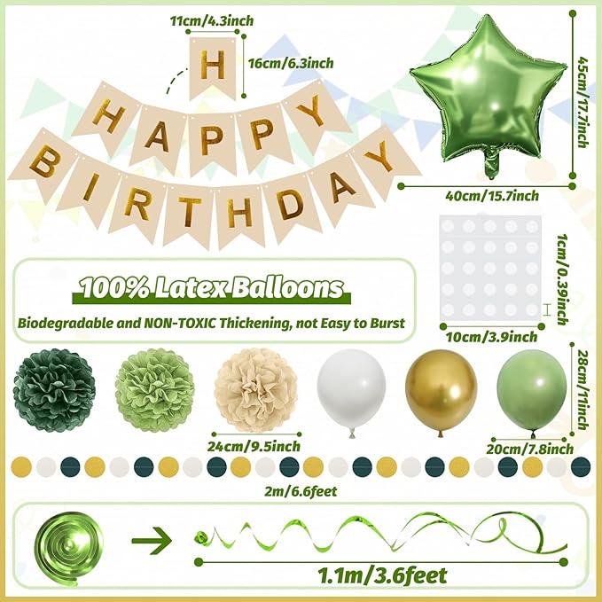 Retro Green Birthday Party Decorations for Women Girls, Happy Birthday Banner with Tissue Paper Pompoms, Paper Tassel, Circle Garland, Hanging Swirl, Party Balloons for Party Decorations