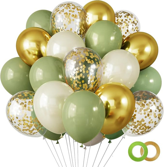 RUBFAC Sage Green Balloons, 65 Pcs Party Balloons Green Gold Sand White 12 Inches for Tiana Birthday, Wedding, Baby Shower, Eucalyptus Party Decorations