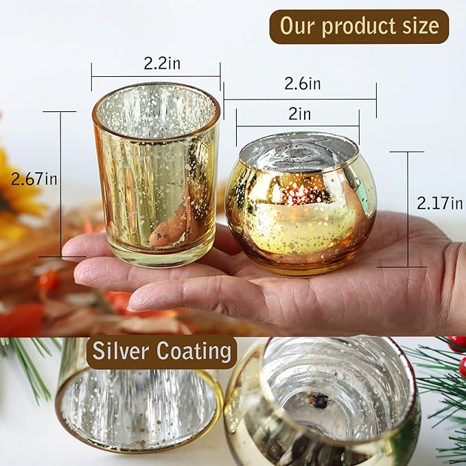 48pcs Assorted Gold Votive Candle Holders Bulk for Table Centerpieces,Mercury Glass Candle Holder for Tea Lights,Wedding Decorations, Christmas/Diwali Decorations for Home,Gold Party Supplies