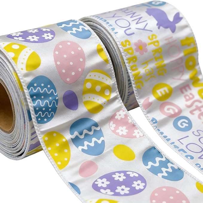 Meseey 2 Rolls Easter Ribbon, 2.5 Inch x 5 Yards Pastel Easter Egg & Happy Easter Wired Ribbon, Decorative Ribbon for Wreaths, Gift Wrapping, Easter Baskets, Crafts, Spring Party Decorations