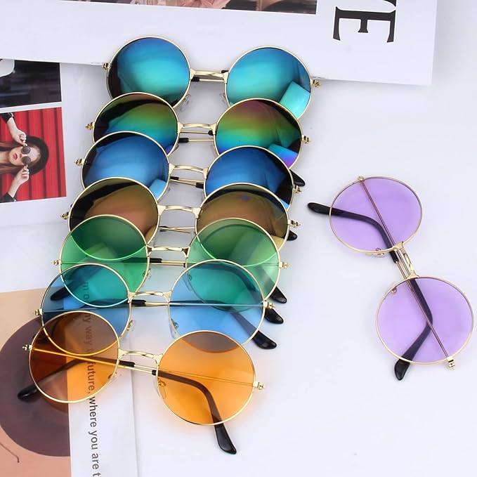 ONESING 8-20 Pairs Round Hippie Sunglasses Circle Sunglasses for Women Glasses Multicoloured Hippie Headband Disco Party