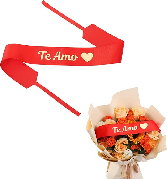 Set of 12 Bouquet Banner Grosgrain Ribbon Tie Wrap Printed Sash Florist Bulk Supply for Floral Arrangements (RED - TE AMO)