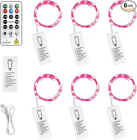 ZSJWL 6 Pack Rechargeable Fairy Lights with Remote & DIY Timer, 7Ft 20LED Mini Battery String Light, Twinkle Silver Copper Wire Lights for Wedding Party Bedroom Christmas Table Decoration (Pink)