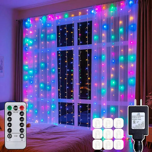 200 LED Rainbow Curtain String Lights 9.8 * 6.6FT Plug in Fairy with Timer and 8 Modes, Waterproof Window Wall Lights for Bedroom Wedding Party Indoor Outdoor Christmas Decor