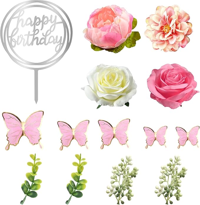 14 PCS Flower Cake Toppers Butterfly Cake Decorations Happy Birthday Cake Toppers with Artificial Pink Rose Flowers Eucalyptus Butterflies for Birthday Wedding Supplies (Pink)