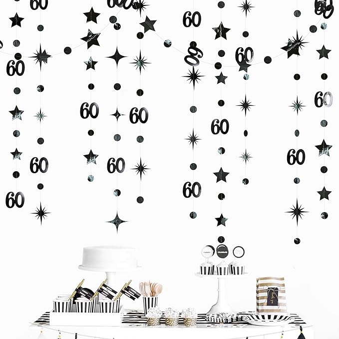 Black 60th Birthday Decorations Number 60 Circle Dot Star Garland Hanging Streamer Bunting Banner Backdrop for Mens Cheers to 60 Years Old Happy 60th Birthday 60th Anniversary Sixty Party Supplies