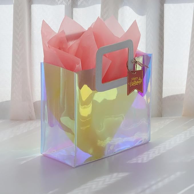 11'' Holographic Medium Birthday Gift Bag with Tissue Paper and Happy Birthday Gift Tag for Women Girls Mother (M- Glossy Coral)