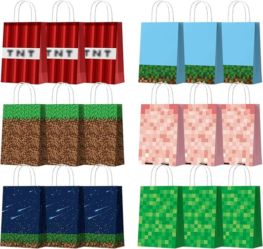 EARTH'SCODE 18PCS Pixel Party Favor Bags with Handles,4PCS Pixel Temporary Tattoos Stickers, Video Game Themed Goodie Bags, Treat Candy Gift Bags for Birthday Gaming Party Decorations Supplies Set