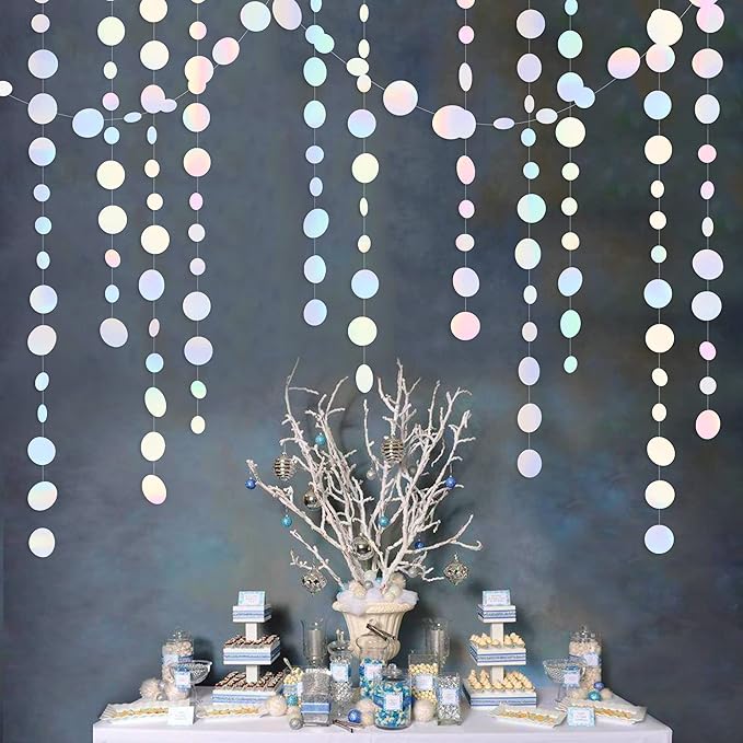 46 Ft White Iridescent Circle Dots Garland Hanging Holographic Polka Dots Streamer for Birthday Bachelorette Engagement Wedding Bridal Shower Galaxy Pastel Winter Christmas Party Decorations Supplies