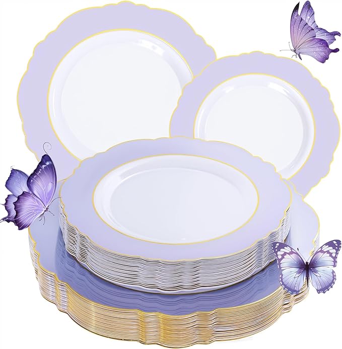 WDF 60pcs Purple Plates Disposable with Gold Rim - Baroque Light Purple Plastic Plates - Lavender Plates for Spring/Wedding/Birthday