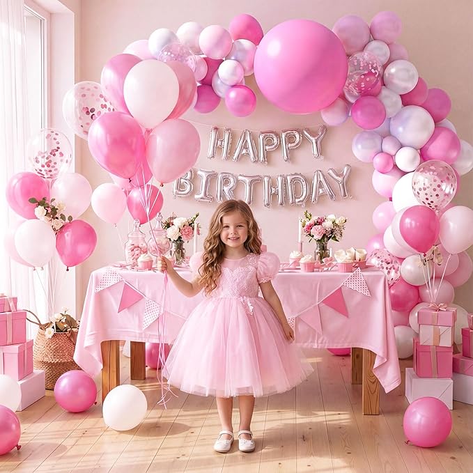 LovesTown 150 PCS Pink White Balloons Different Size of 18 12 10 5 Inch, Pink Confetti Balloons with Ribbons for Birthday Bridal Shower Wedding Gender Reavel Bachelorette Princess Party Decoration
