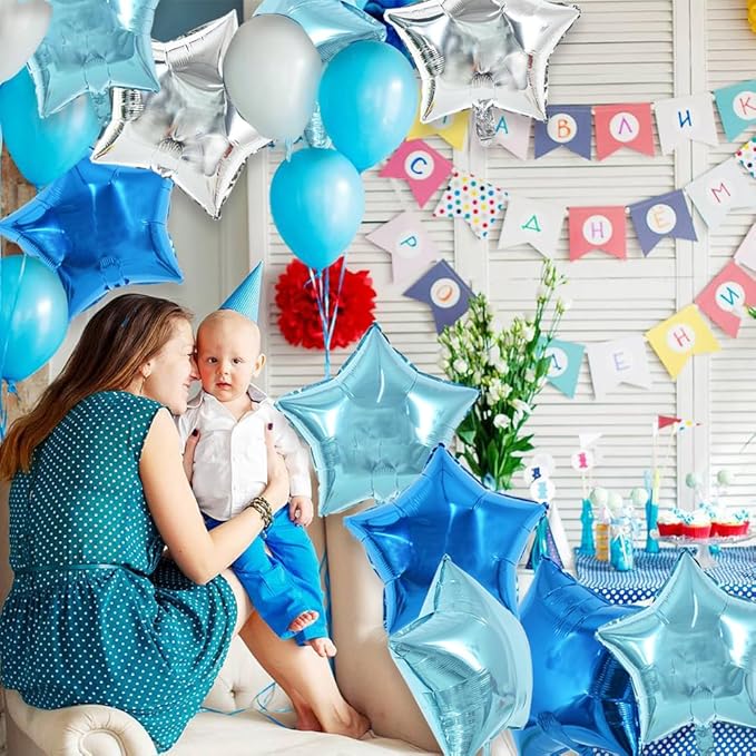 TONIFUL 30Pcs 18 Inch Large Blue Silver Star Shape Foil Balloons Big Stars Helium Mylar Ballons for Birthday Wedding Baby Shower Anniversary Engagement Party Decorations Supplies
